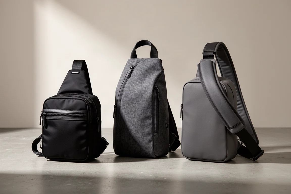 Three sling bags arranged in a row on a concrete surface