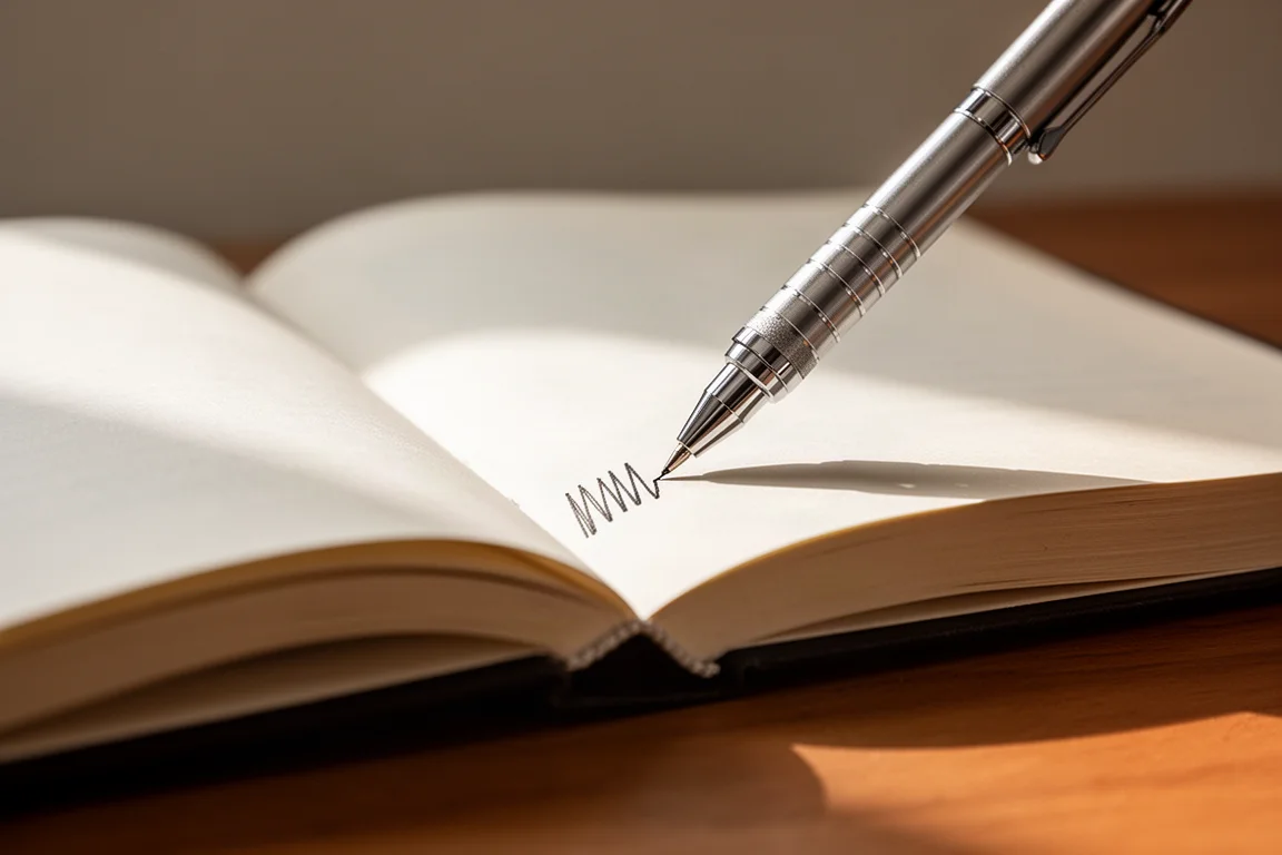 Uma mão anotando na margem de um livro de capa dura com uma lapiseira de metal