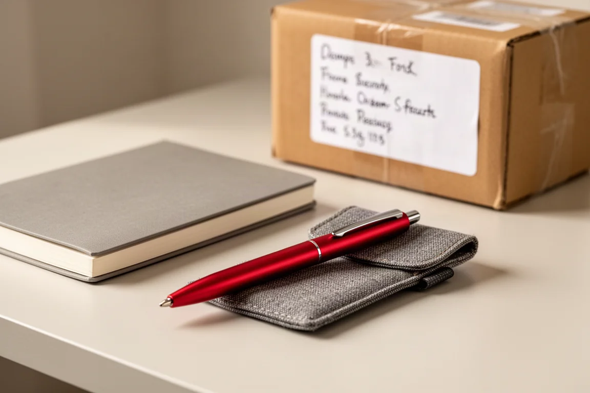 Uma caneta fina e sua bolsa de tecido sobre uma mesa, ao lado de um caderno de viagem