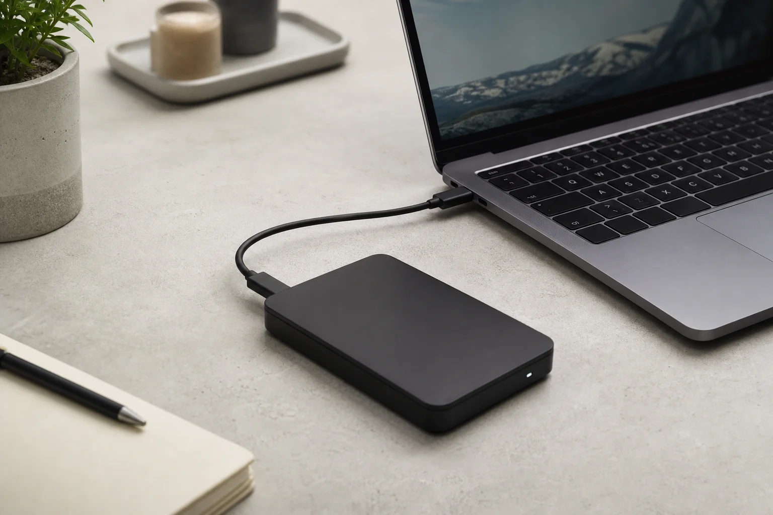 Extern hårddisk på ett skrivbord med bärbar dator för backup-arbetsflöde
