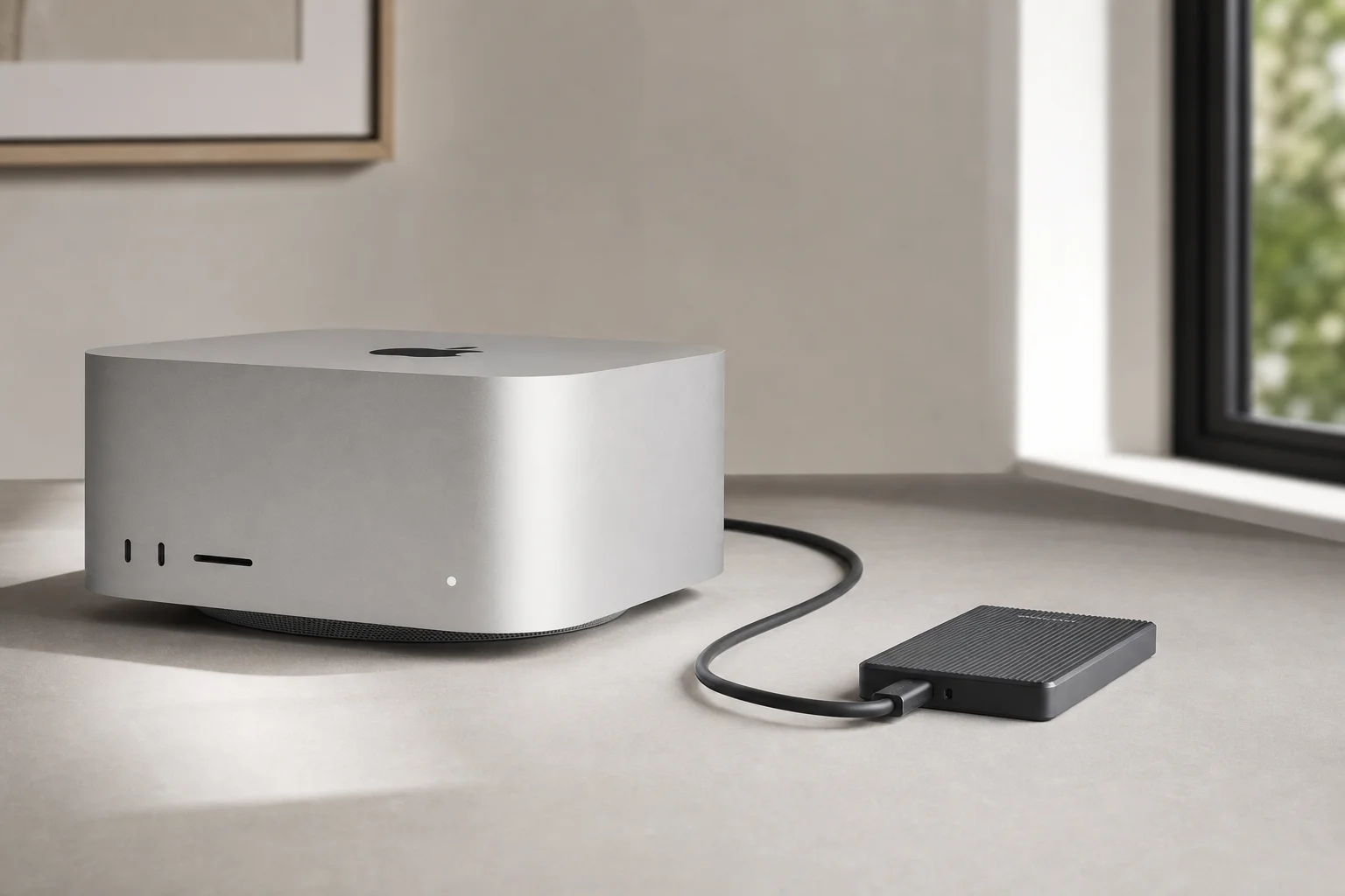 Mac Studio med extern SSD ansluten via Thunderbolt-kabel