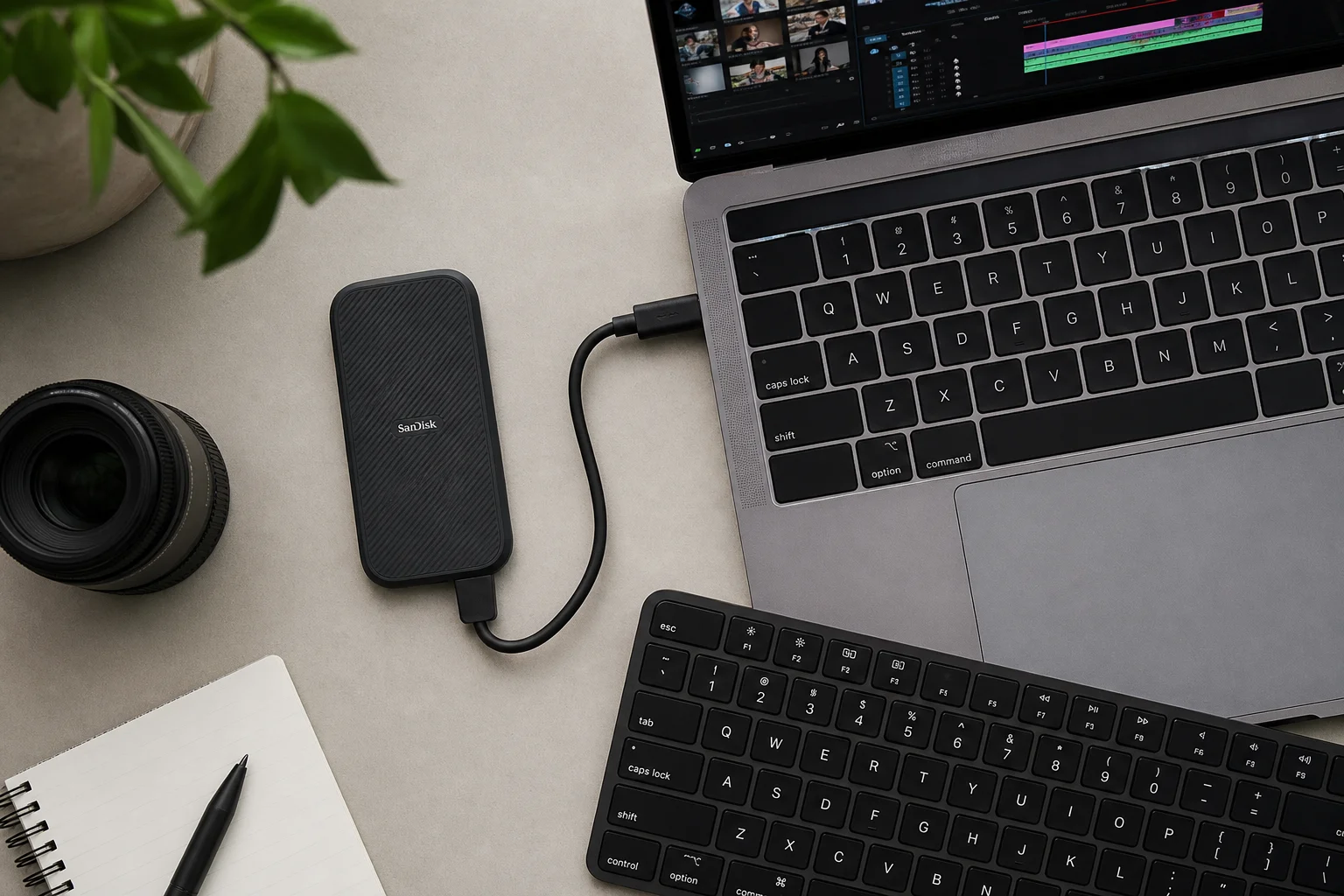 Professionell videoredigeringsarbetsplats med extern SSD och tangentbord