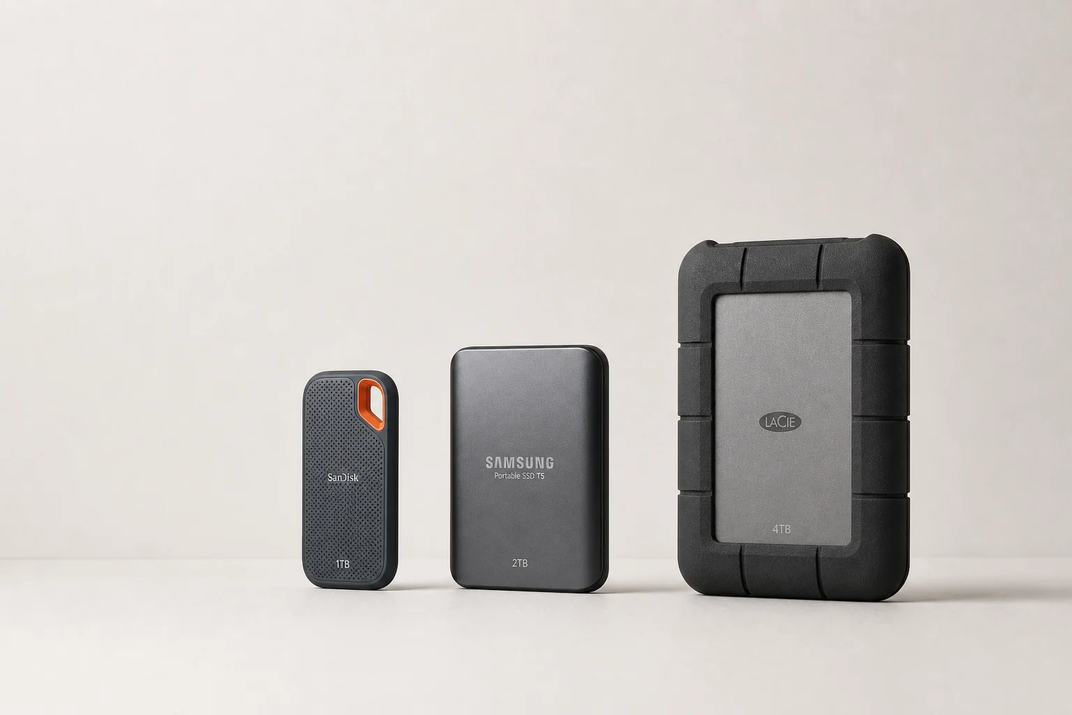 Flera externa SSD-enheter i olika storlekar som visar kapacitetsalternativ