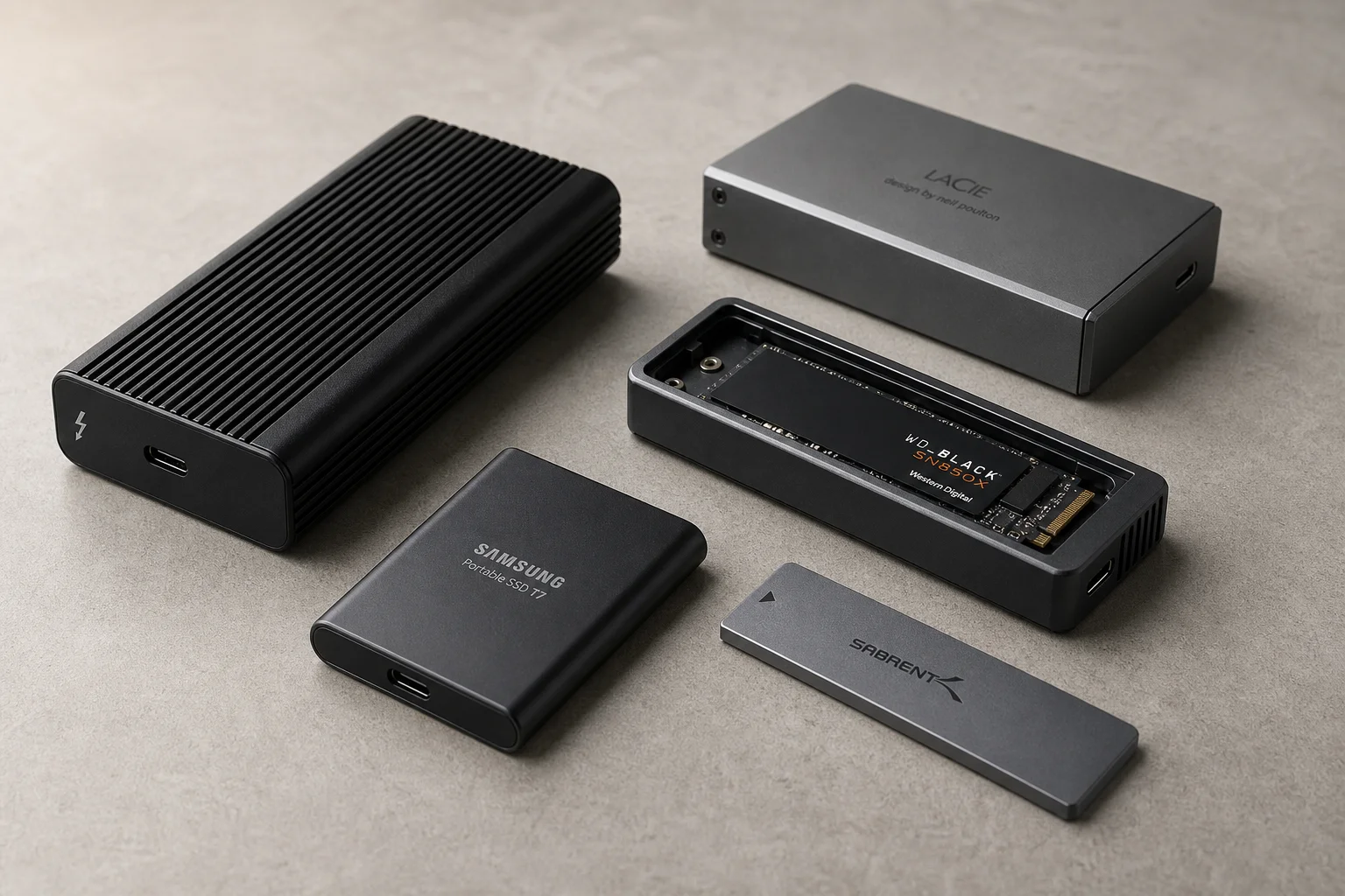 Samling av externa SSD-enheter och kabinett på en betongyta