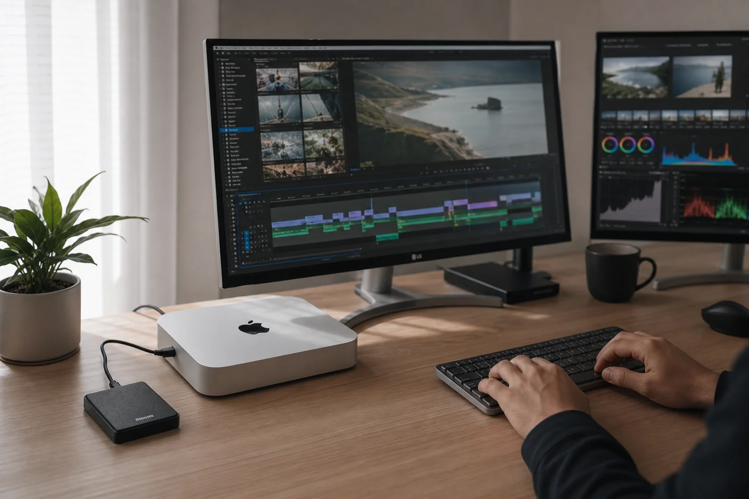 Videoredigerare vid ett skrivbord med en Mac Mini och en ansluten extern SSD