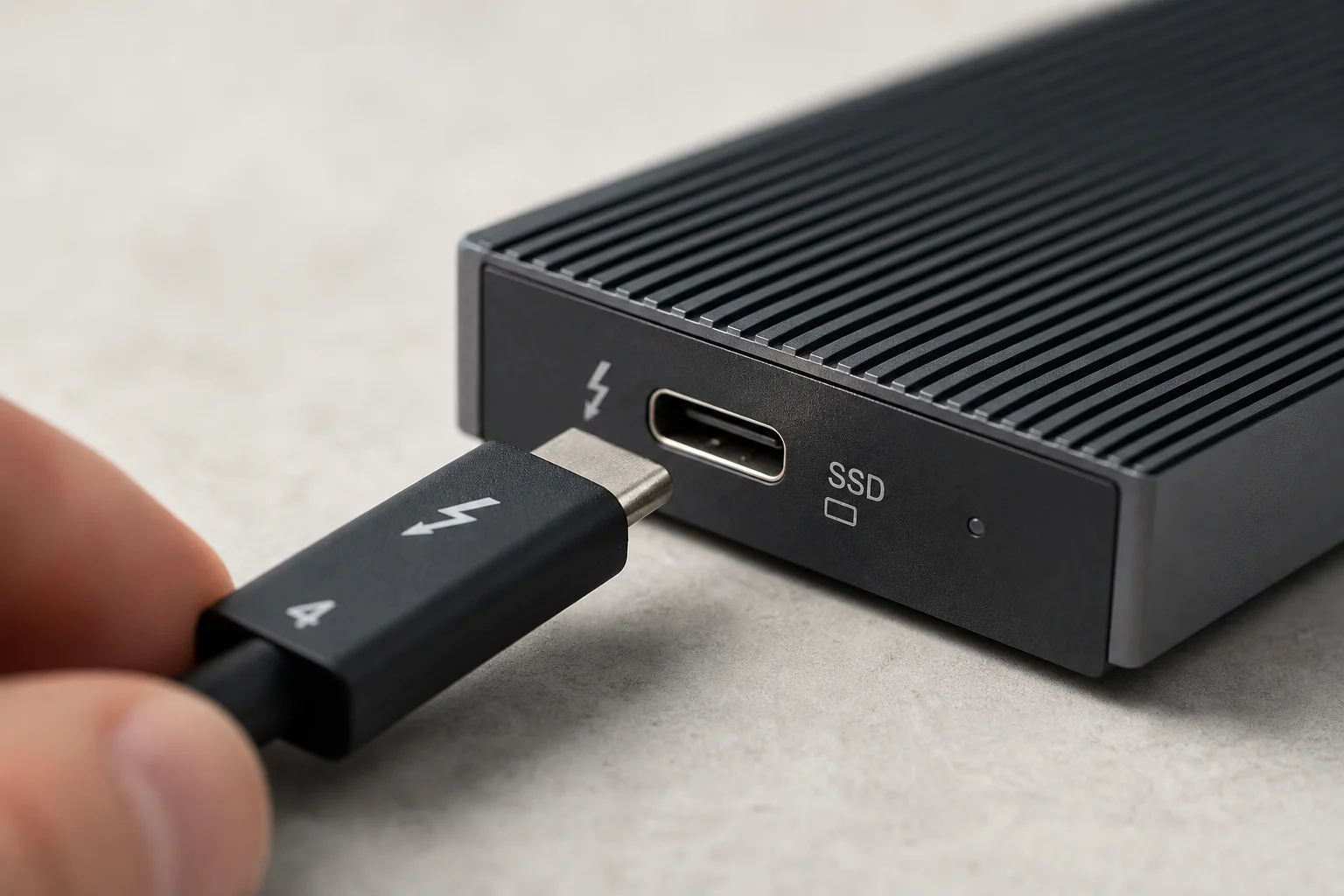 Närbild på en Thunderbolt-kabelkontakt och en extern SSD-port