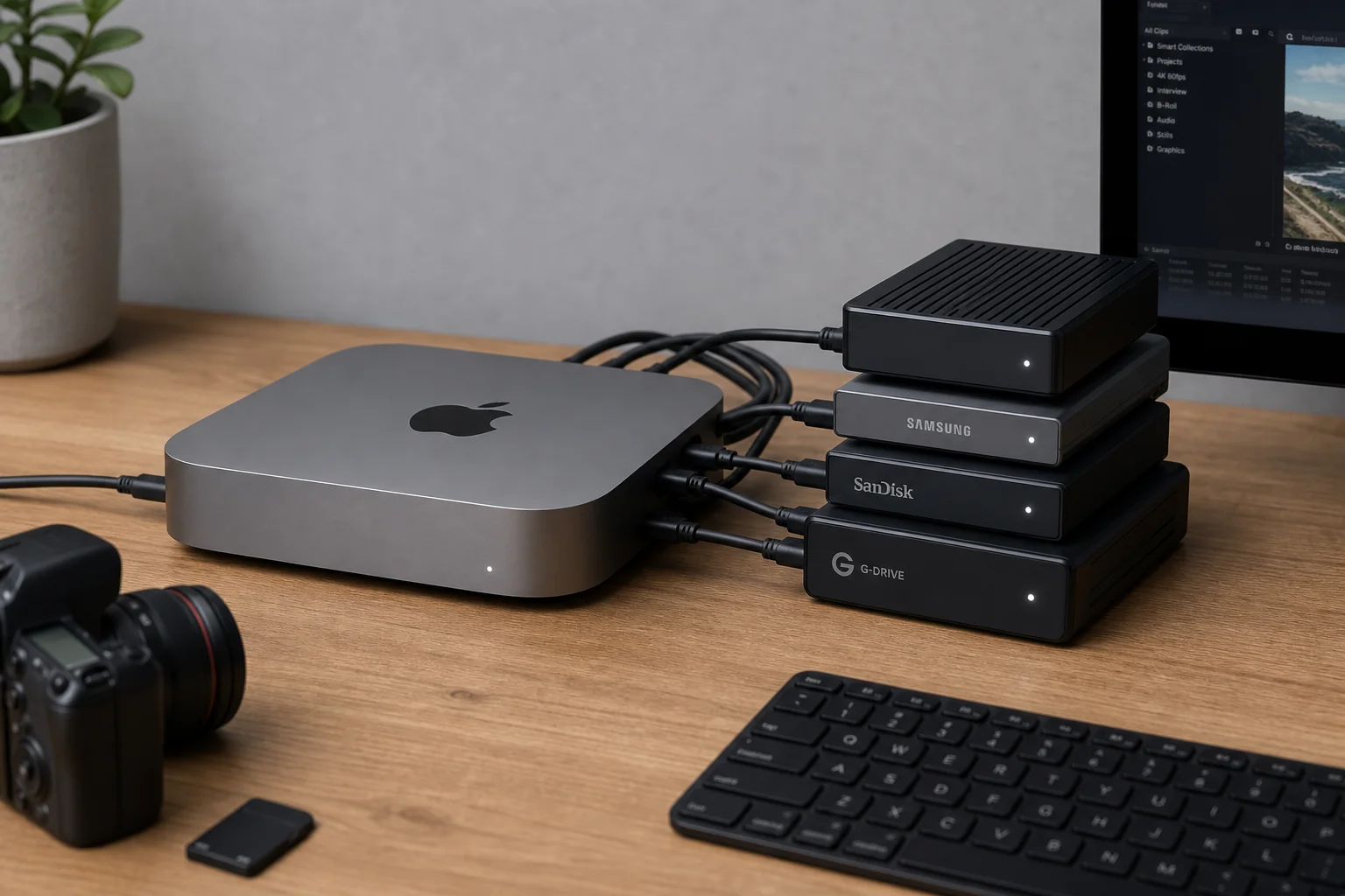Mac Mini med flera externa SSD-enheter anslutna som visar en komplett lagringsuppsättning