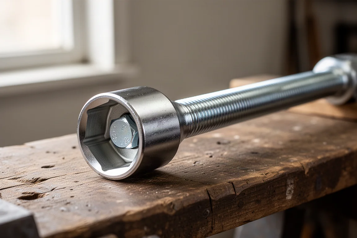 Long extra-deep socket seated on a threaded rod on a workbench