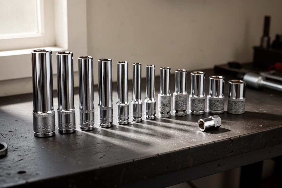 Socket set laid out neatly on a workshop bench