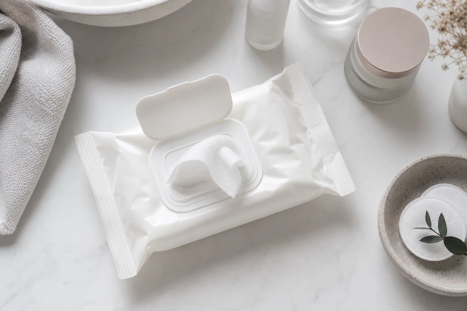 Paquete de toallitas para párpados expuesto en un mostrador de baño limpio con artículos de cuidado de la piel