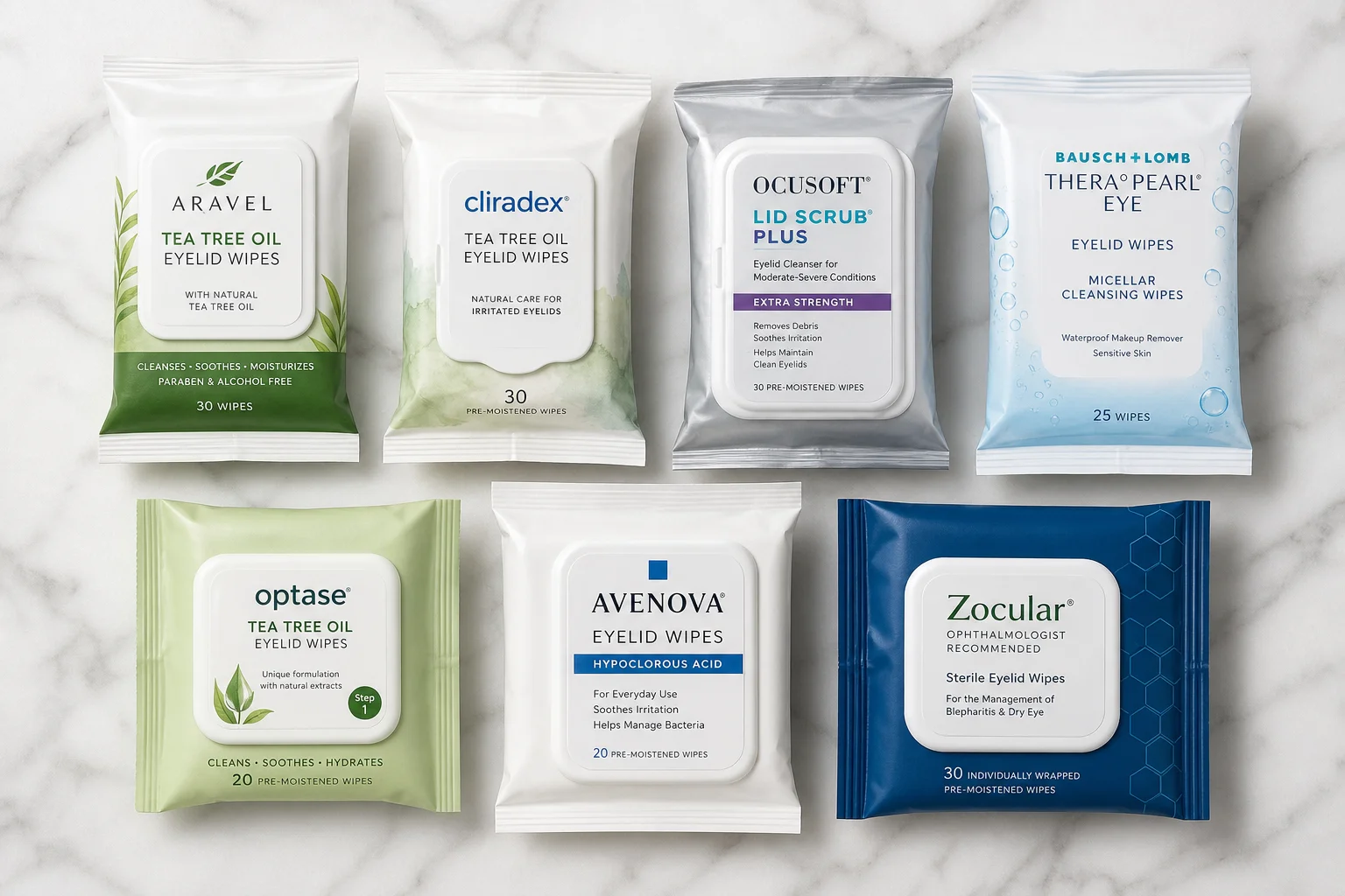 Seven eyelid wipe packages arranged on marble surface showing different brands and formulations