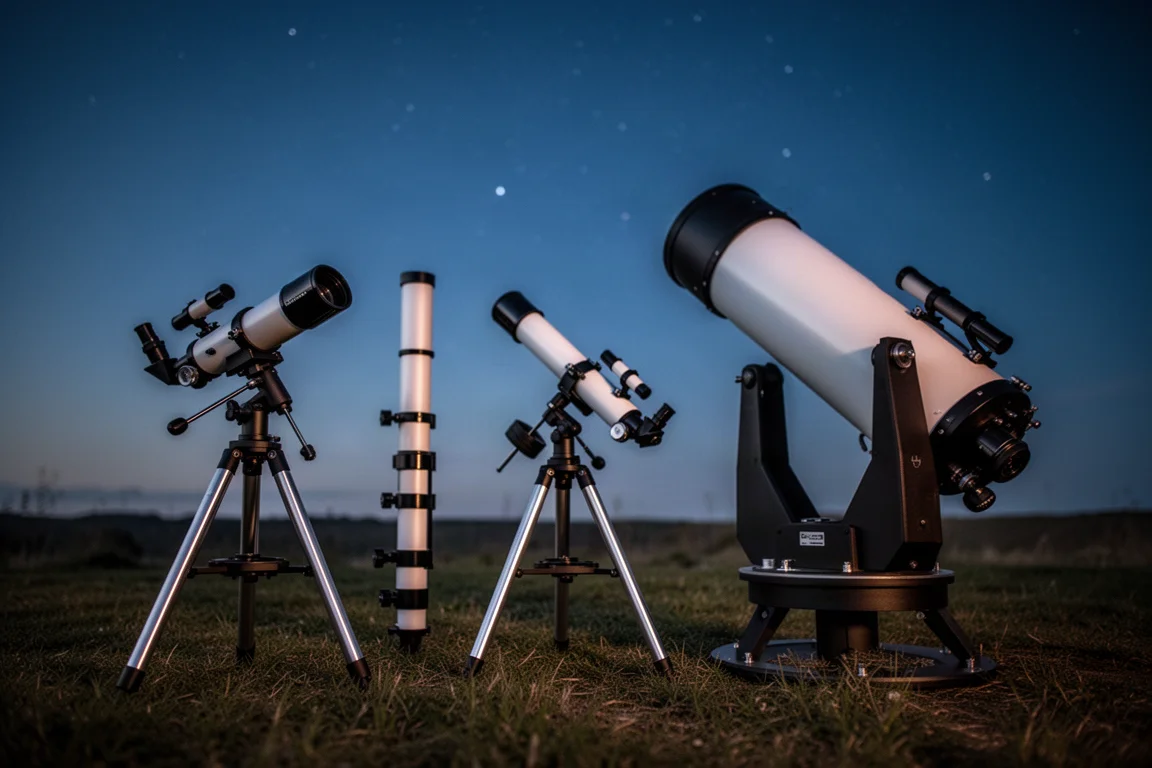 Drei Teleskope in einem Feld bei Dämmerung aufgebaut, bereit für die Beobachtung