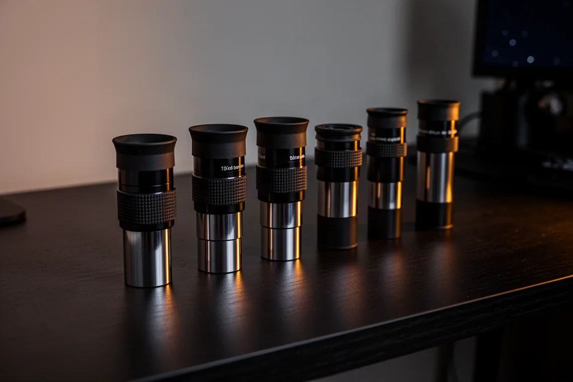Six telescope eyepieces arranged on a dark wooden desk under warm evening light