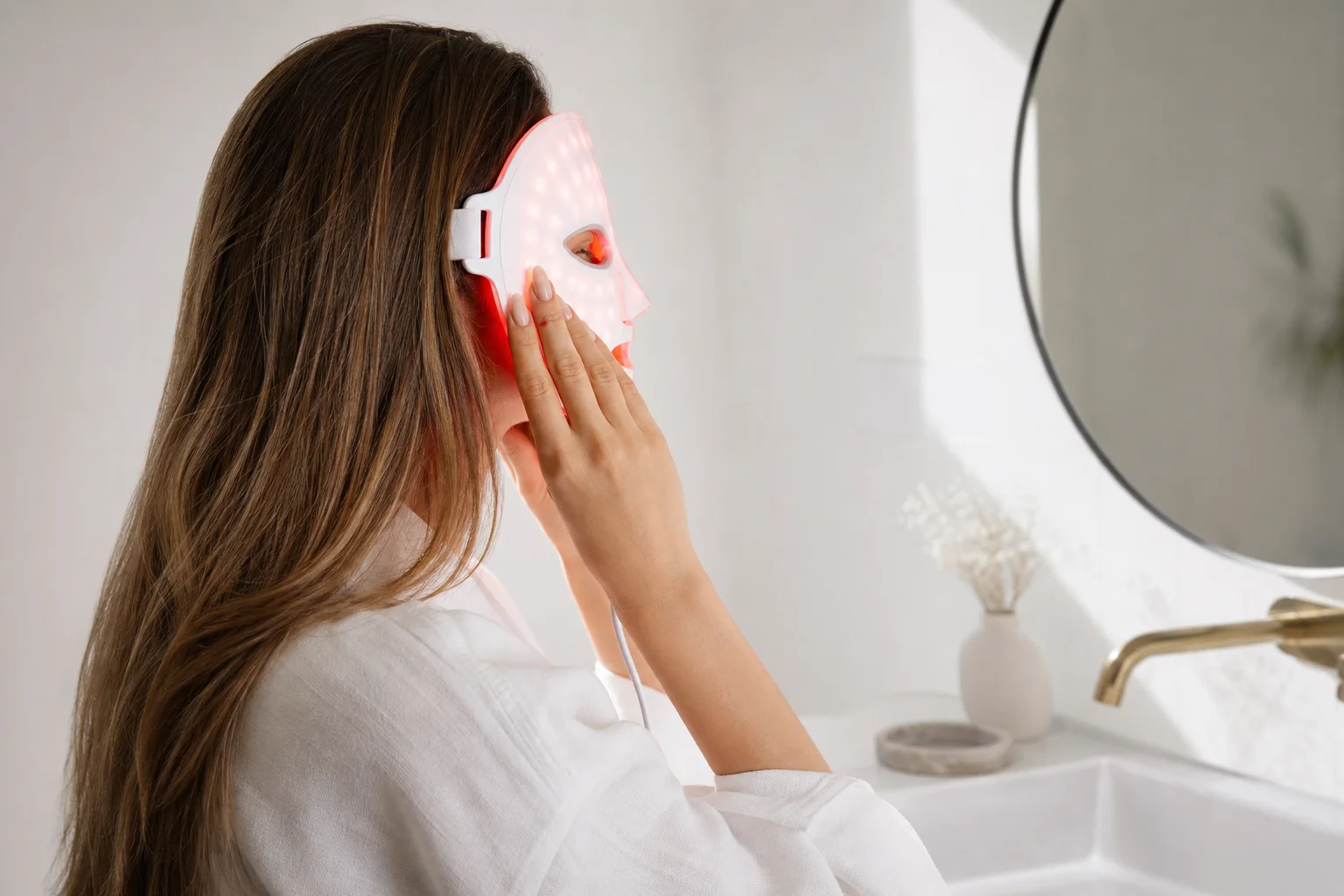 Donna che applica una maschera per la terapia a luce rossa in un bagno minimalista