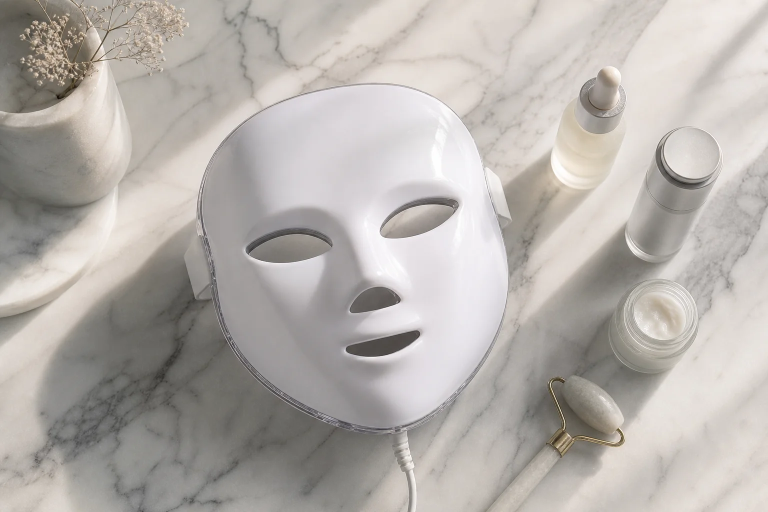 Prodotti per la cura della pelle e maschera LED su un piano in marmo