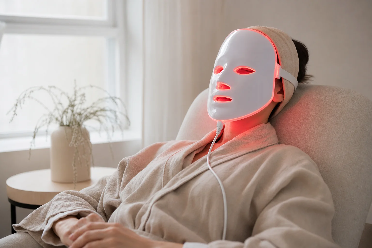 Persona che indossa una maschera LED premium durante una sessione di trattamento a casa