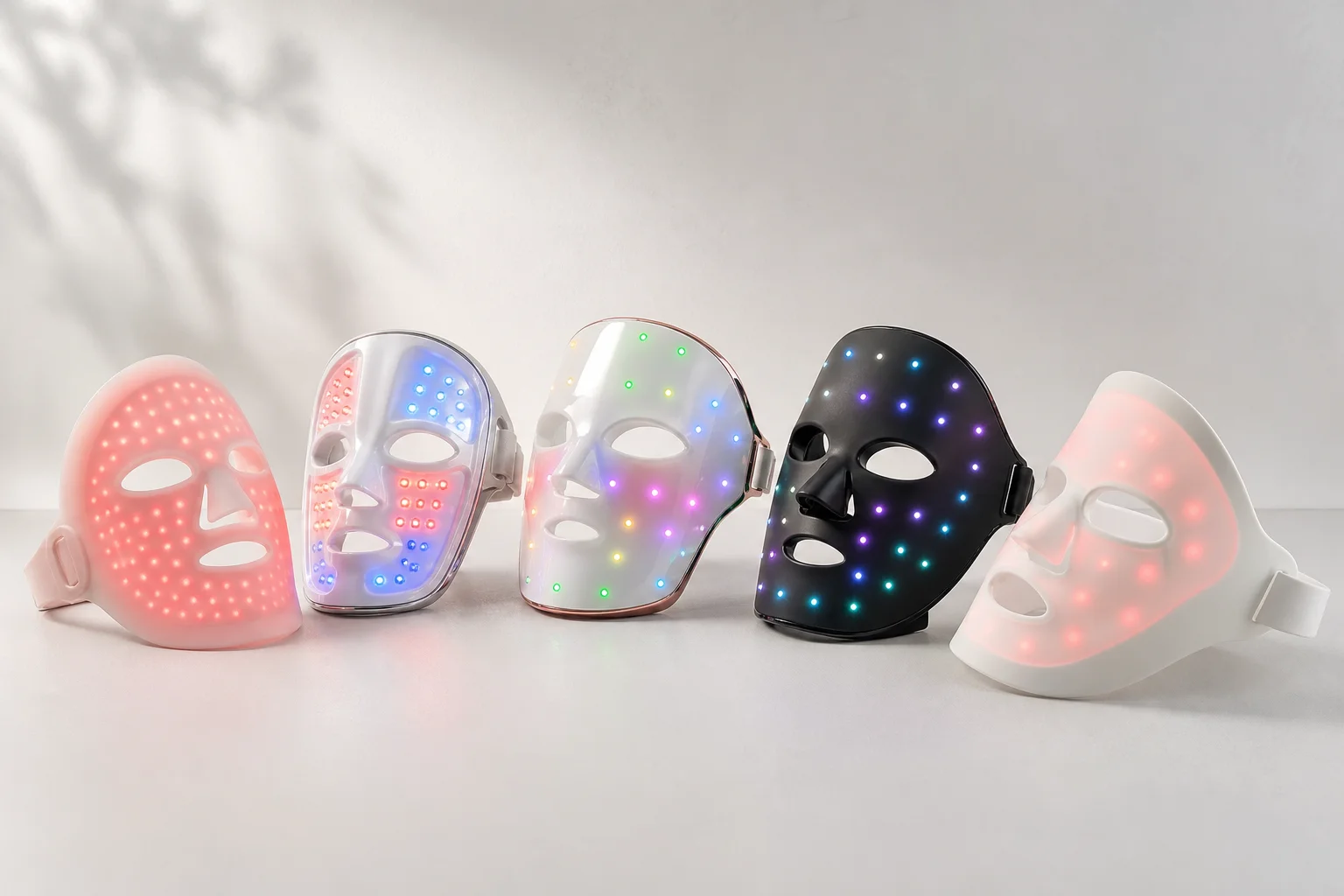 Five LED facial therapy masks arranged in descending arc on white surface
