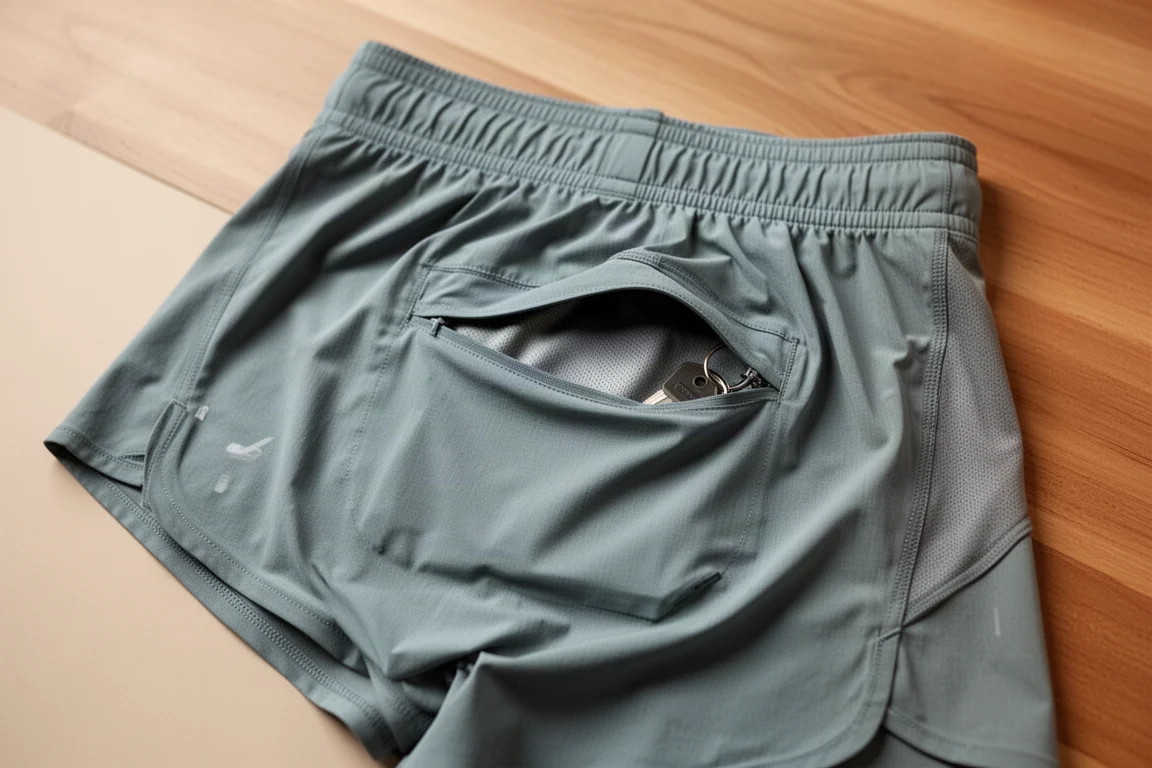 Detalle del interior y del bolsillo trasero de unos shorts de running extendidos sobre una superficie de madera