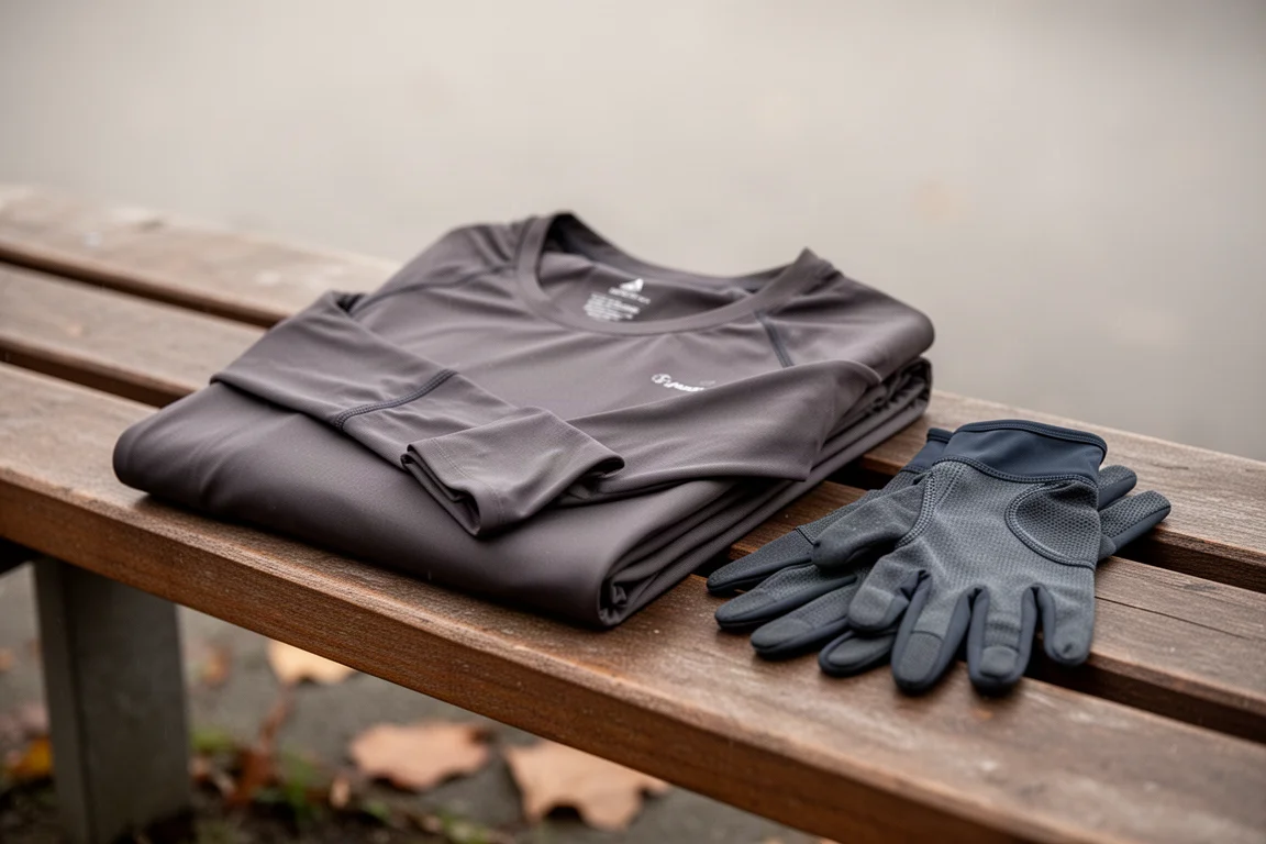 Camiseta de running de manga larga doblada junto a unos guantes sobre un banco en clima frío