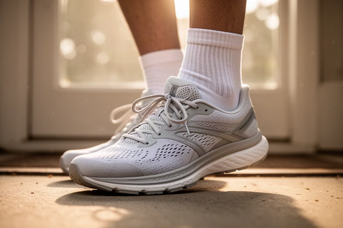 Corredor atándose las zapatillas con calcetines de running gruesos y acolchados a la luz de la mañana
