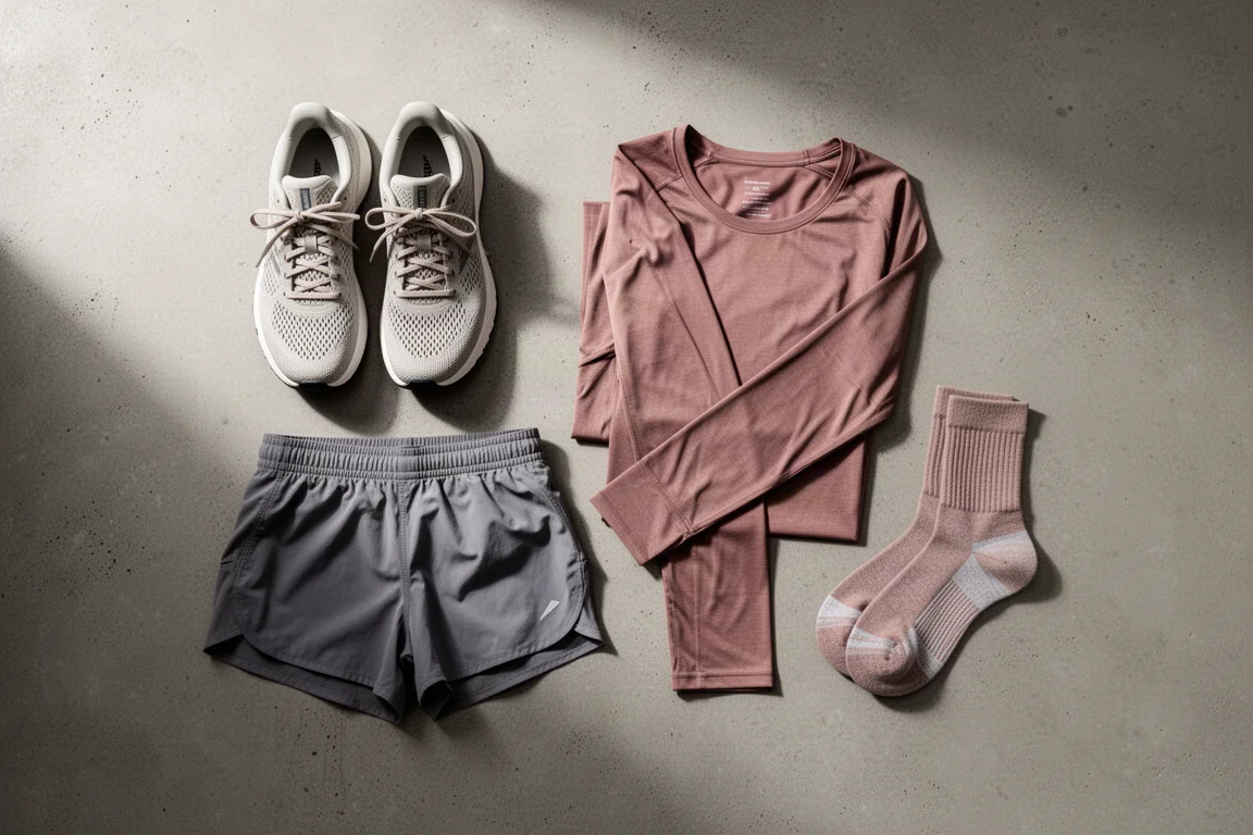 Flat-lay of fall running gear including shoes, shorts, a long sleeve top, and socks