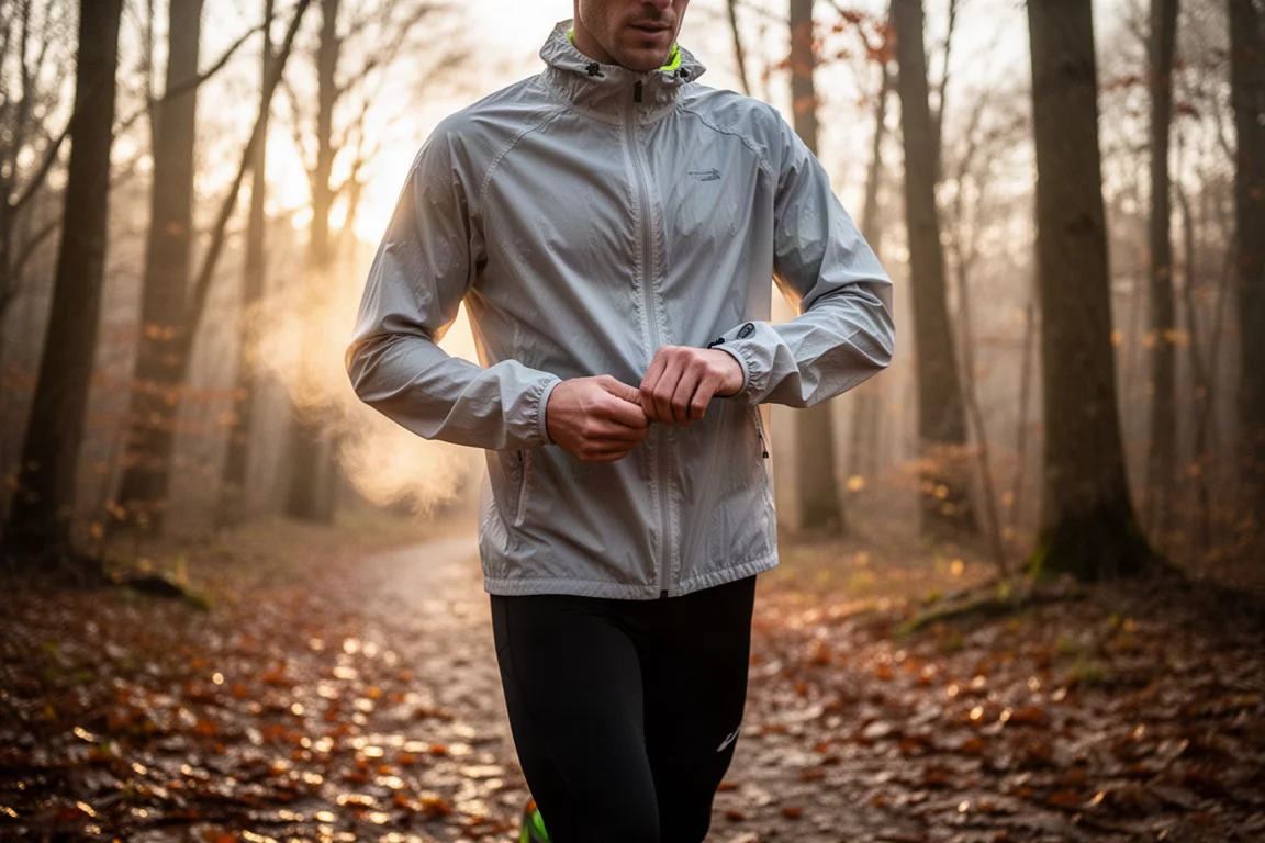 Runner adjusting a lightweight jacket cuff on a crisp autumn trail at sunrise