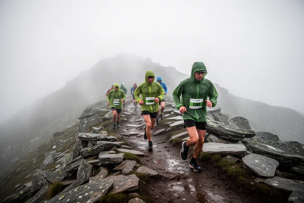 Rain falling on a mountain trail during a trail race