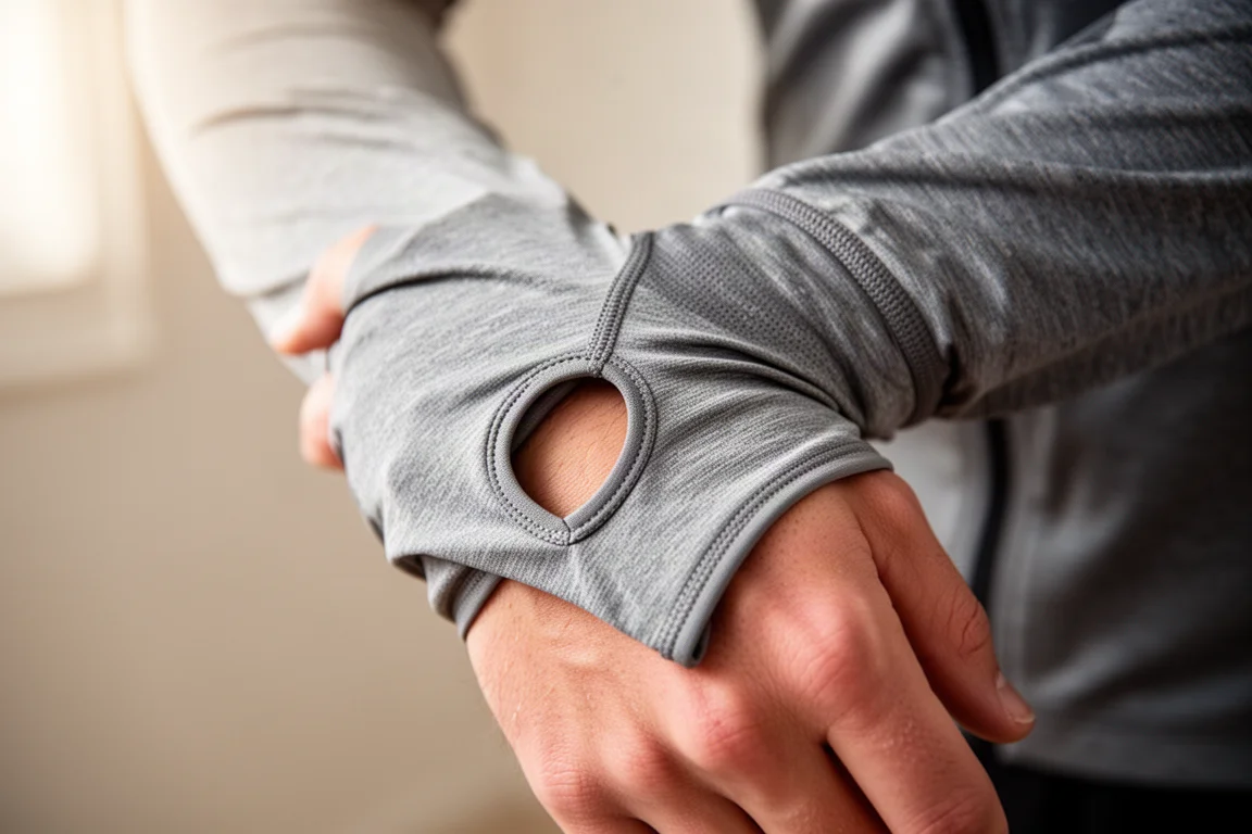 Close-up of a jacket cuff with a thumb hole on a runner's wrist