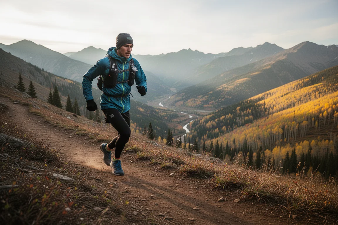 Runner climbing an elevated trail in cool autumn air with layered clothing