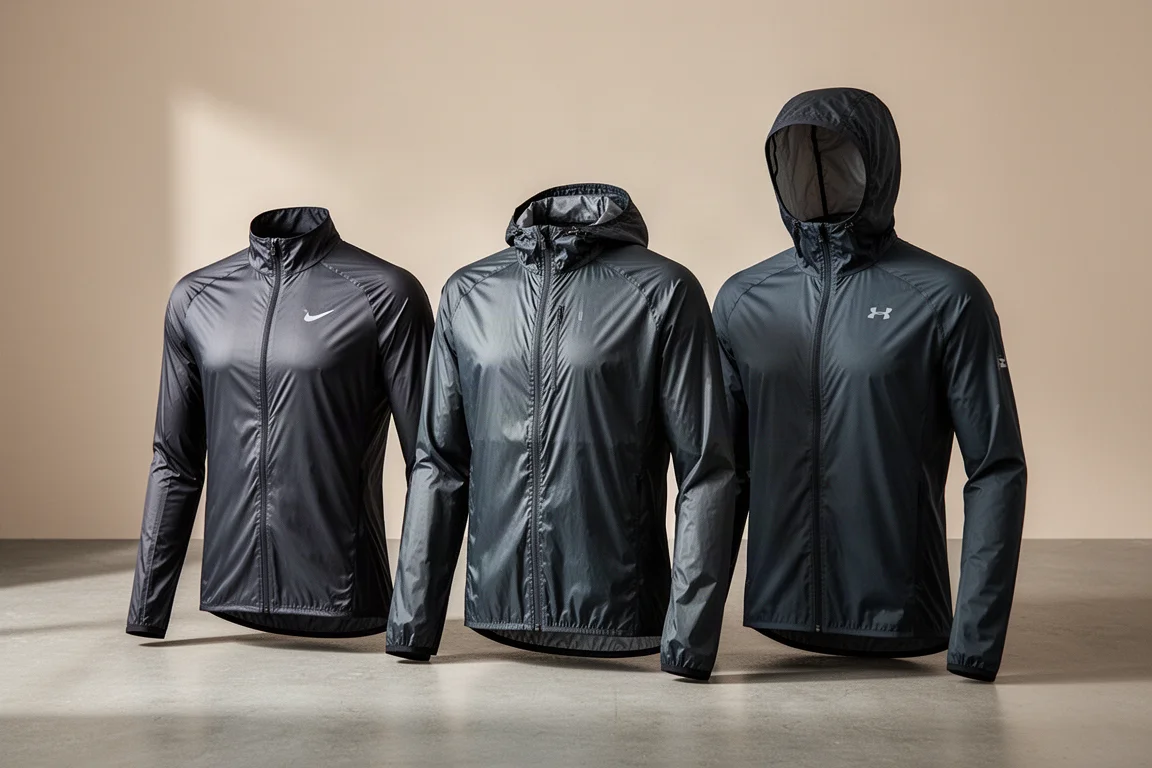 Three lightweight running jackets arranged side by side on a concrete surface