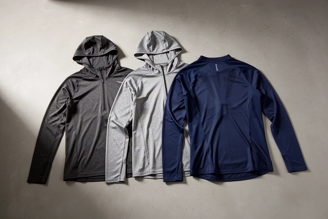 Five long-sleeve running tops arranged on a matte concrete surface