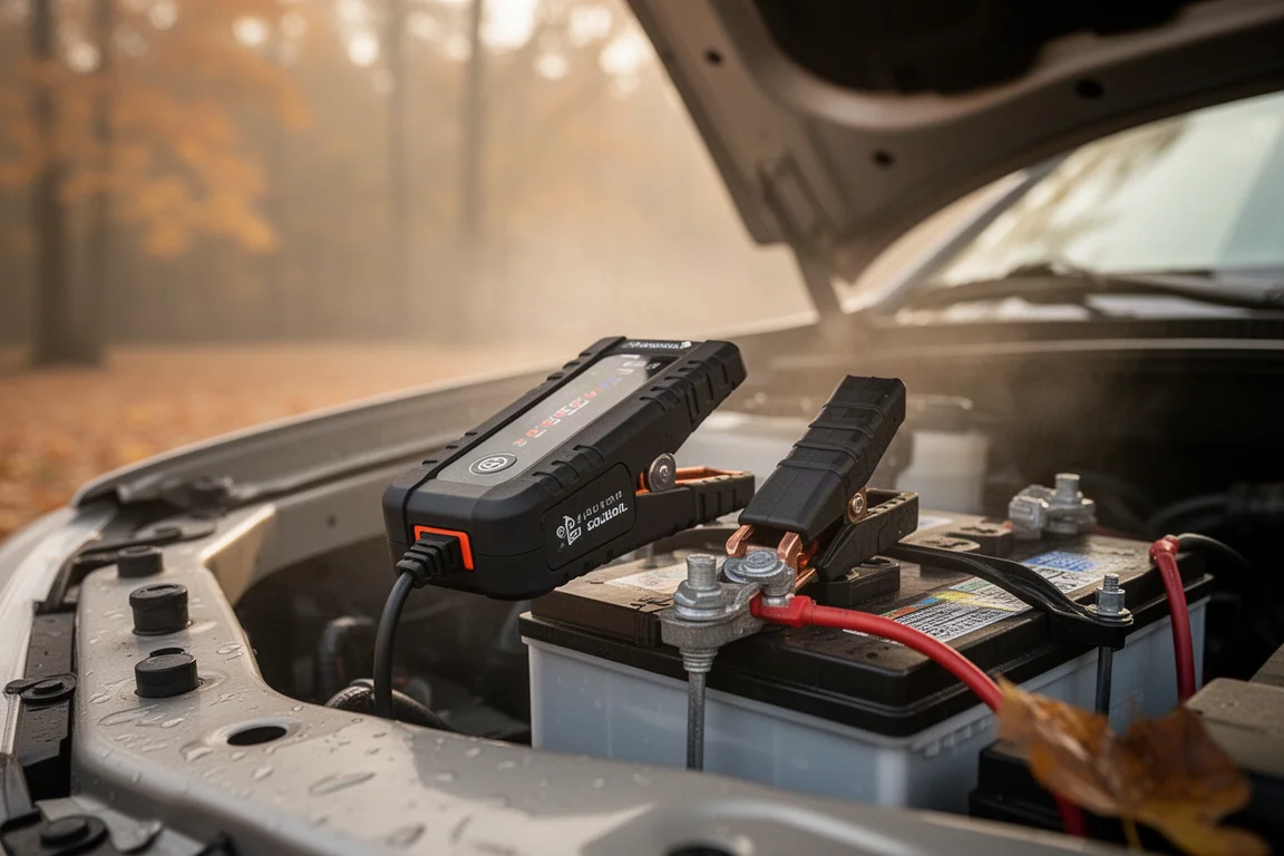 Driver connecting a compact jump starter to a car battery on a cold autumn morning