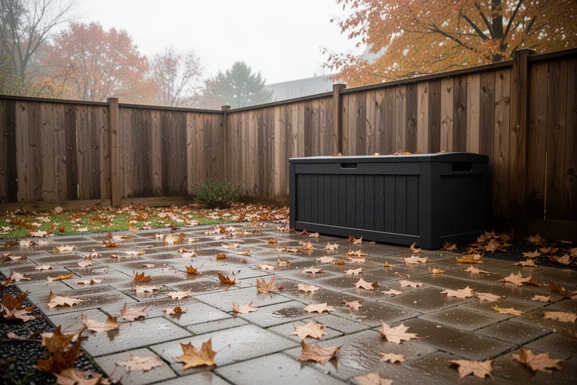 Backyard scene with autumn leaves scattered across a patio and storage boxes