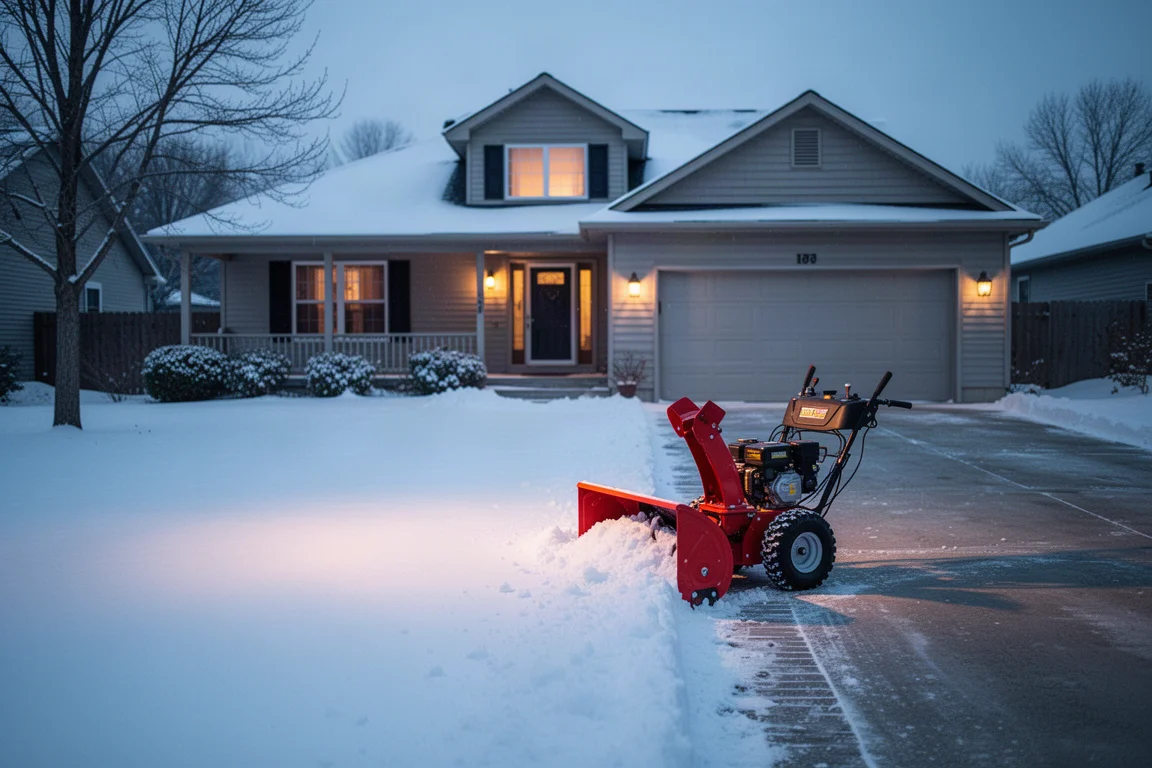 Driveway cleared of snow with a snow blower parked at the edge