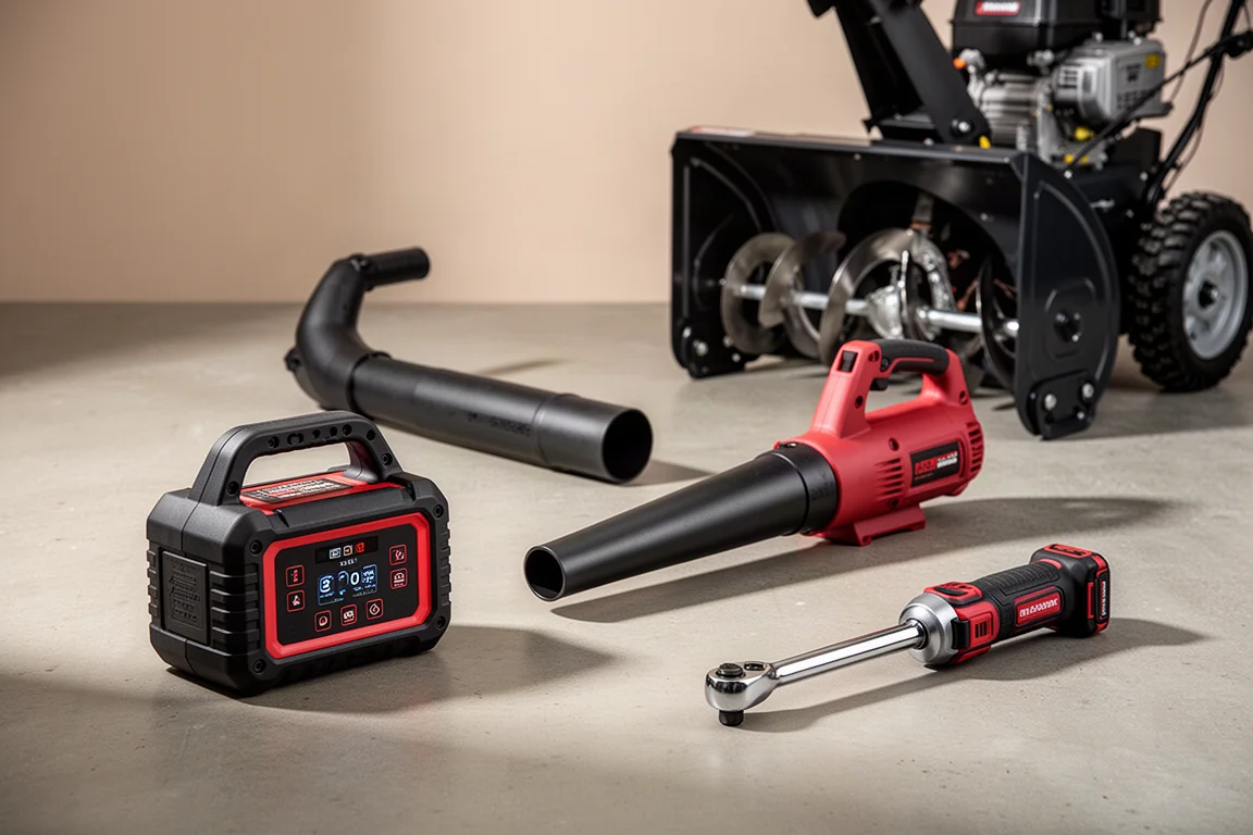 Seasonal tool lineup including a jump starter, leaf blower, snow blower and cordless ratchet on concrete