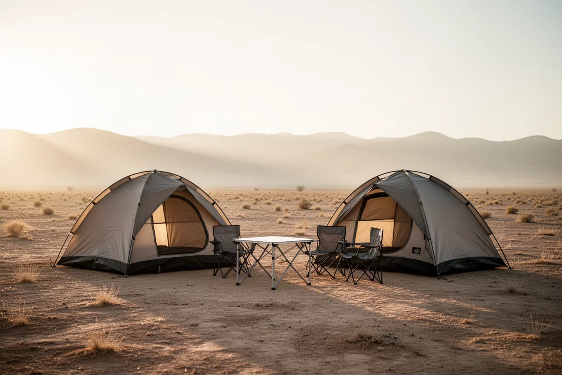 Acampamento em família ao nascer do sol com duas barracas pequenas e cadeiras de camping no chão seco