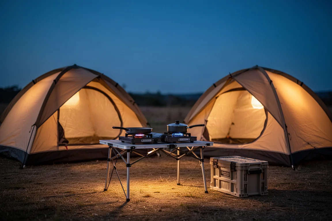 Acampamento ao anoitecer com barracas iluminadas por dentro e mesa de cozinha de camping montada