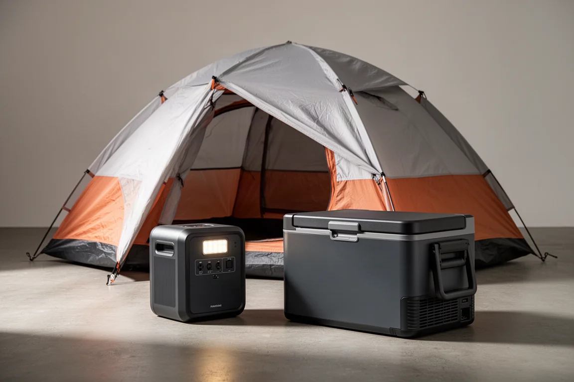 Four-person tent, compact power station and portable fridge arranged on a concrete surface