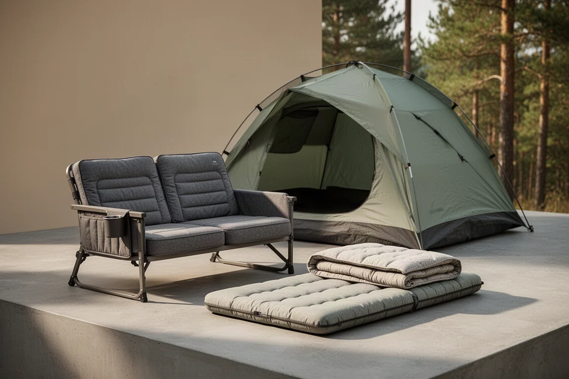 Low camp sofa, large dome tent, and thick sleeping pad arranged at a campsite