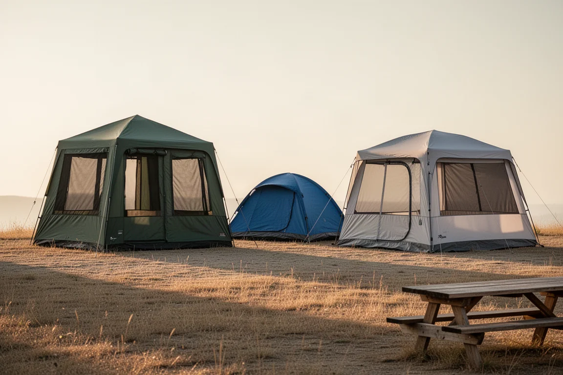Three family camping tents pitched on a grass clearing at golden hour
