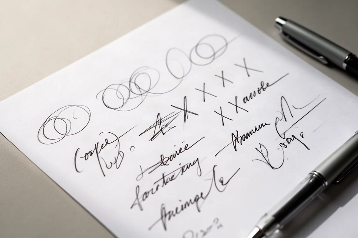 Test de boucles d'écriture manuscrite à l'encre gel noire sur papier blanc