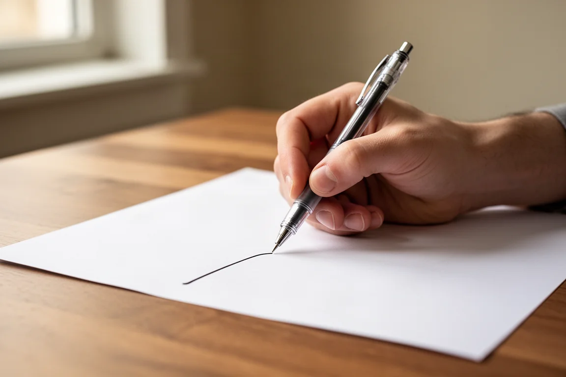 Personne écrivant rapidement avec un stylo à pointe fine sur du papier
