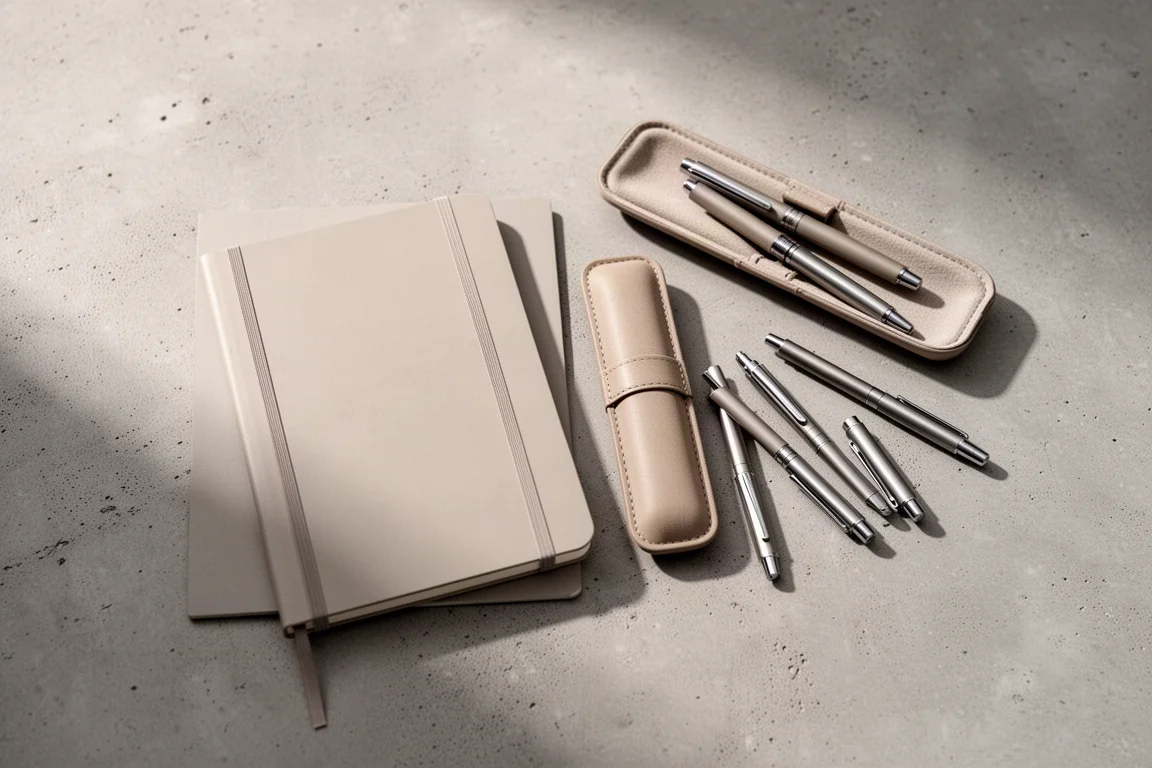 Vue à plat d'un bureau avec stylos, carnet et étui à stylos