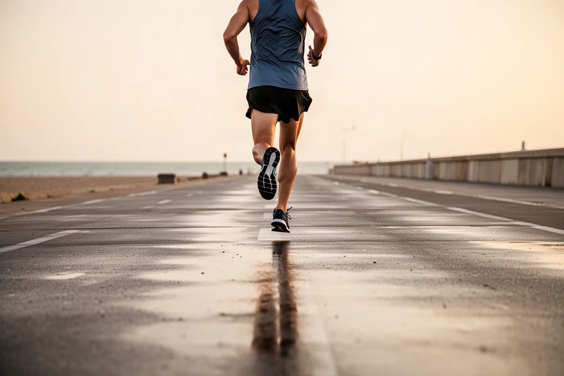 Runner holding a consistent tempo pace along a seafront promenade in soft light