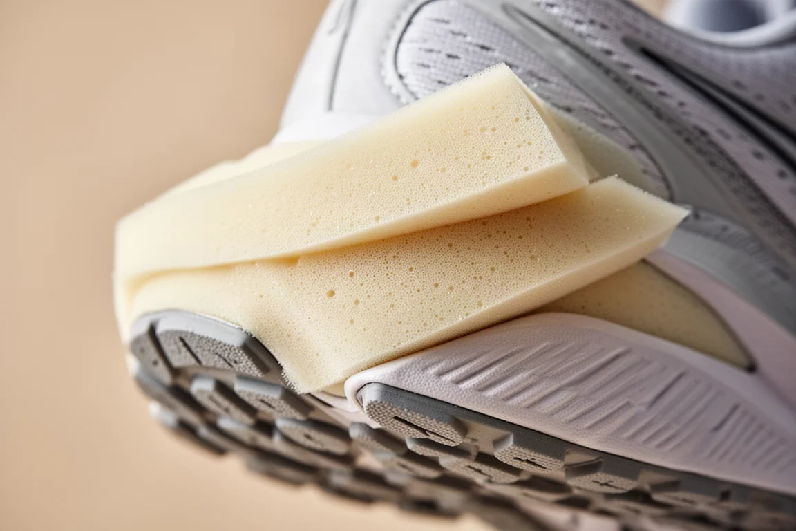 Close-up of a dual-layer running shoe midsole showing foam stacking