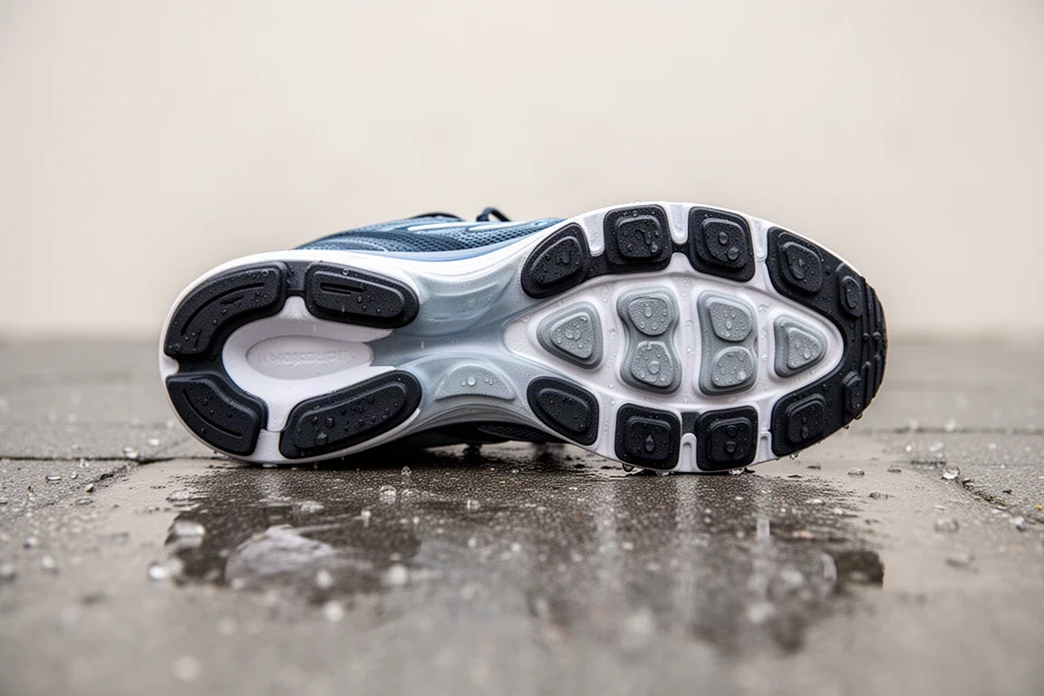 Running shoe with visible outsole rubber resting on damp pavement