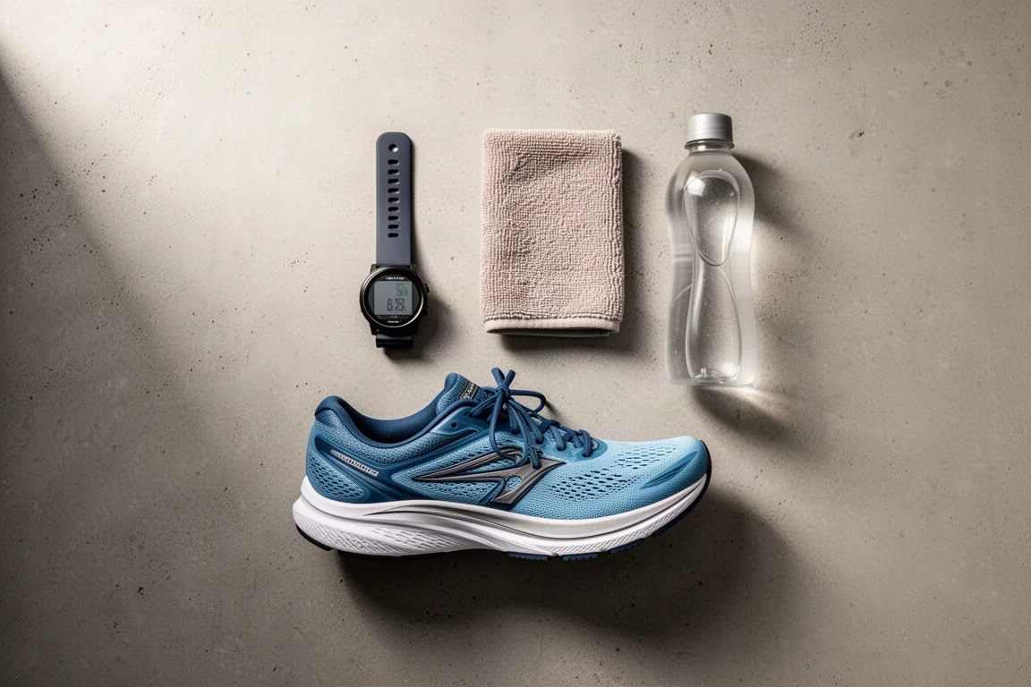 Flat-lay of running accessories beside a tempo trainer on a concrete surface