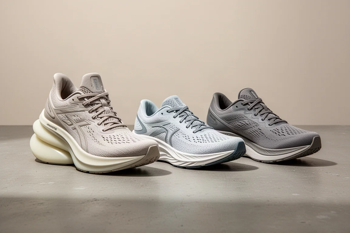 Three fast training running shoes arranged on a concrete surface
