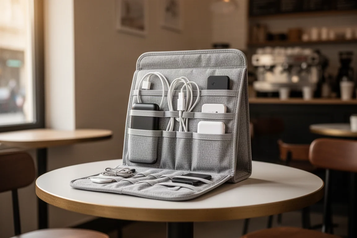 Un organizador de escritorio de pie sobre una pequeña mesa de café con accesorios tecnológicos dentro