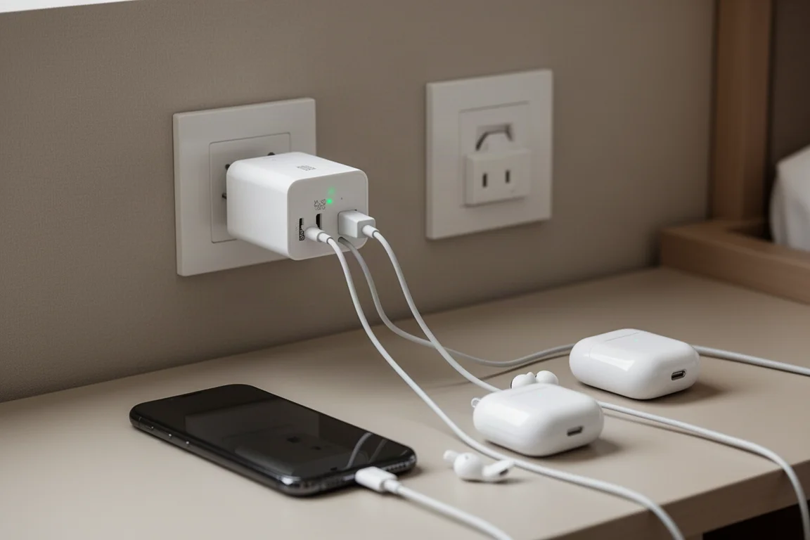 Un adaptador de viaje compacto enchufado a la pared de un hotel cargando dos dispositivos